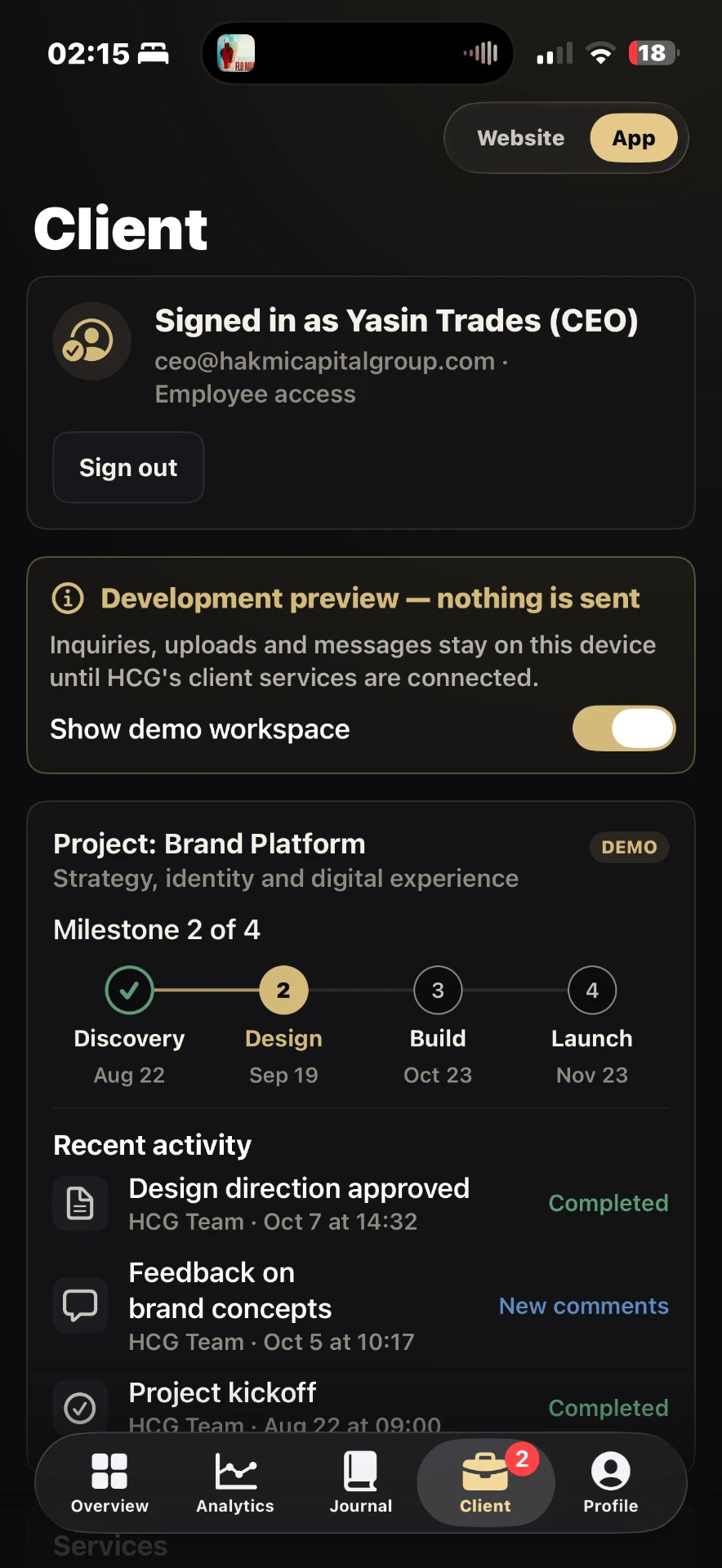HCG App Client (preview) screen