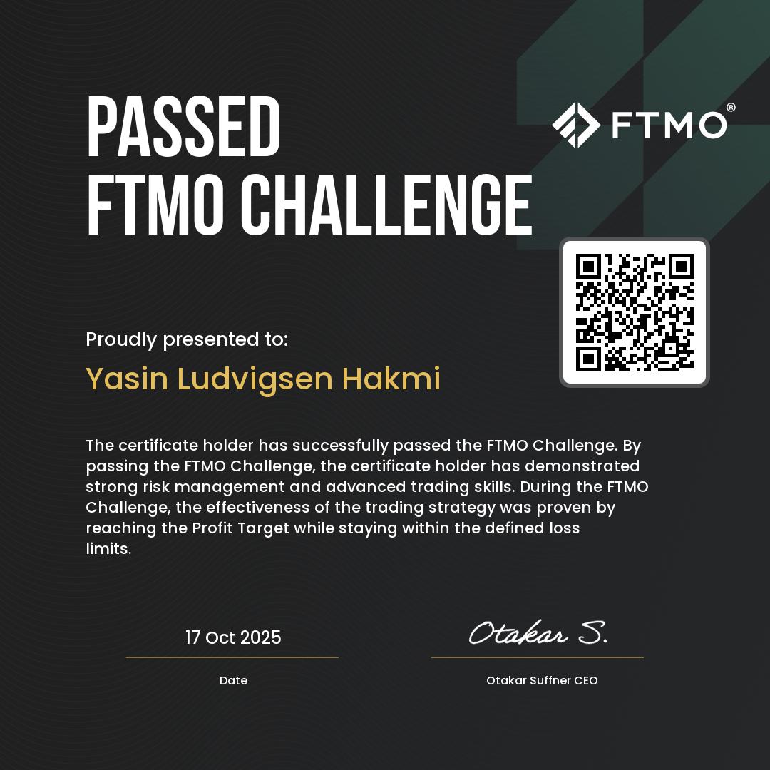 Passed FTMO Challenge certificate — Yasin Ludvigsen Hakmi, 17 Oct 2025